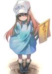  1girl bangs blue_shirt boots brown_eyes brown_hair commentary flag flat_cap fuyouchu hair_between_eyes hat hataraku_saibou headwear_writing long_hair looking_at_viewer platelet_(hataraku_saibou) shirt short_sleeves simple_background smile solo white_background white_headwear 