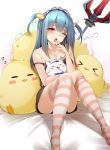  &gt;_&lt; 1girl :3 =3 =_= ahoge asymmetrical_legwear azur_lane bangs bare_arms bare_shoulders bed_sheet bird blue_bow blue_hair blush blush_stickers bow breasts cat character_name chick cleavage collarbone commentary_request eyebrows_visible_through_hair feet_out_of_frame hair_between_eyes highres kneehighs knees_up large_breasts long_hair looking_at_viewer maid_headdress manjuu_(azur_lane) medium_breasts neptune_(azur_lane) no_shoes object_hug one_eye_closed open_mouth polearm red_eyes shadow single_kneehigh single_thighhigh sitting solo spaghetti_strap strap_slip striped striped_legwear tears thighhighs toyosaki_shu trembling trident two_side_up weapon white_legwear yawning zzz 