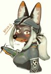  &lt;3 2017 aircraft anthro bf_109 bf_109_(hideki_kaneda) bf_109_g black_fur breasts brown_fur bust_portrait canid canine canis clothed clothing cute_fangs domestic_dog female fur hair happy hat headgear headwear hideki_kaneda japanese_text looking_at_viewer mammal messerschmitt open_mouth ponytail portrait simple_background solo text white_background white_hair 
