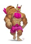  abs anthro biceps big_muscles bottomwear chest_tuft clothing digitigrade ear_tuft fur furrybob hi_res huge_muscles male mammal muscular muscular_male nipple_piercing nipples pecs piercing pink_fur rgmbleh rodent sciurid shorts solo tree_squirrel tuft veiny_muscles walking 