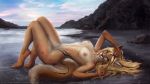  2019 5_fingers anthro beach blue_eyes breasts canid canine claws cougar detailed_background etskuni felid feline female fingers fox hair hybrid looking_at_viewer lying mammal nipples nude outside rock seaside sky solo toe_claws touching_hair water whiskers 
