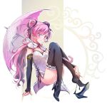  1girl brown_eyes brown_hair china_dress chinese_clothes cleavage_cutout double_bun dress elbow_gloves fingerless_gloves garters gloves heterochromia high_heels highres iesupa multicolored_hair neo_politan pelvic_curtain pink_eyes pink_hair rwby side_slit solo thighhighs umbrella 