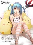  &gt;_&lt; 1girl :3 =3 =_= ahoge asymmetrical_legwear azur_lane bangs bare_arms bare_shoulders bed_sheet bird blue_bow blue_hair blush blush_stickers bow breasts cat character_name chick cleavage collarbone commentary_request eyebrows_visible_through_hair feet_out_of_frame hair_between_eyes highres kneehighs knees_up large_breasts long_hair looking_at_viewer maid_headdress manjuu_(azur_lane) medium_breasts neptune_(azur_lane) no_shoes object_hug one_eye_closed open_mouth polearm red_eyes shadow single_kneehigh single_thighhigh sitting solo spaghetti_strap strap_slip striped striped_legwear tears thighhighs toyosaki_shu translation_request trembling trident two_side_up weapon white_legwear yawning zzz 