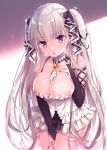  1girl azur_lane bangs bare_shoulders between_breasts between_legs black_bow black_nails blush bow breasts cleavage collarbone commentary_request earrings eyebrows_visible_through_hair fingernails formidable_(azur_lane) grey_hair hair_bow hand_between_legs hand_on_own_chest hand_up jewelry large_breasts long_hair long_sleeves looking_at_viewer nail_polish nemuri_nemu parted_lips red_eyes shoulder_cutout sleeves_past_wrists solo stud_earrings two_side_up very_long_hair 