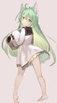  1girl ahoge akashi_(azur_lane) animal_ear_fluff animal_ears azur_lane bangs bare_legs barefoot cat_ears commentary dress eyebrows_visible_through_hair from_behind full_body fuyouchu green_hair grey_background hair_between_eyes legs_apart long_hair long_sleeves looking_at_viewer looking_back simple_background sleeves_past_wrists solo very_long_hair white_dress wide_sleeves yellow_eyes 