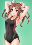  1girl ahoge alternate_costume anti_(untea9) arm_behind_head black_swimsuit brown_hair collarbone commentary_request competition_swimsuit covered_navel cowboy_shot flat_chest gradient gradient_background green_background hair_ribbon highres kagerou_(kantai_collection) kantai_collection long_hair looking_at_viewer one-piece_swimsuit open_mouth purple_eyes remodel_(kantai_collection) ribbon solo swimsuit twintails twitter_username white_ribbon 