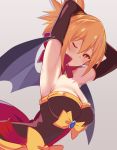  1girl ;) arito_arayuru armpits arms_up black_gloves black_wings blonde_hair blush bow breasts bright_pupils cleavage closed_mouth demon_girl demon_wings detached_collar disgaea dutch_angle elbow_gloves eyebrows_visible_through_hair gloves grey_background large_breasts looking_at_viewer makai_senki_disgaea one_eye_closed red_eyes rozalin short_hair short_ponytail simple_background smile solo strapless wings yellow_bow 