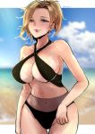  1girl absurdres beach bikini black_bikini blonde_hair blue_eyes blue_sky blurry blurry_background breasts cleavage cloud collarbone covered_navel cowboy_shot criss-cross_halter day dripping halter_top halterneck high_ponytail highres large_breasts looking_at_viewer mercy_(overwatch) ocean outdoors outline overwatch pink_lips puckered_lips sand shore sky smile solo swimsuit tan tanline thigh_gap tinnies twitter_username 