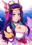  1girl absurdres bare_shoulders blue_eyes blue_hair breasts cherry_blossoms cleavage collarbone eyes_visible_through_hair hair_ornament highres huge_filesize large_breasts league_of_legends long_hair looking_at_viewer maiulive mermaid monster_girl nami_(league_of_legends) splendid_staff_nami tagme underbust upper_body 