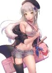  1girl bangs bare_shoulders beret black_headwear black_jacket black_legwear breasts bubble_blowing chewing_gum commentary crop_top earrings eyebrows_visible_through_hair fur-trimmed_hood fur_trim garter_straps girls_frontline green_eyes grey_shorts hair_ornament hat hk416_(girls_frontline) holding_strap hood hood_down hooded_jacket jacket jewelry long_hair looking_at_viewer midriff navel off_shoulder open_clothes open_jacket ozzingo shirt short_shorts shorts silver_hair simple_background single_thighhigh sleeveless sleeveless_shirt small_breasts solo symbol_commentary thighhighs very_long_hair white_background white_shirt 