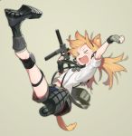  &gt;_&lt; 1girl amrkdrw animal_ears bag blonde_hair boots commentary_request dog_tags fang fingerless_gloves flat_chest girls_frontline gloves gun happy headset highres idw_(girls_frontline) jumping knee_pads low_twintails necktie optical_sight satchel shorts simple_background submachine_gun suspenders tail twintails weapon 