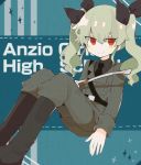  1girl anchovy anzio_military_uniform belt boots drill_hair girls_und_panzer green_hair hair_ribbon highres long_hair long_sleeves looking_at_viewer necktie omanjuengine pants red_eyes ribbon shiny shiny_hair smile solo sparkle twin_drills twintails 