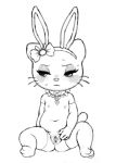  2016 anthro belly biped blush bodily_fluids bow choker clothing crookedtrees domestic_cat fake_ears fake_rabbit_ears felid feline felis female frown gloves handwear hello_kitty hello_kitty_(character) jewelry legwear mammal monochrome mostly_nude necklace nipples presenting presenting_pussy pussy sanrio simple_background slightly_chubby solo spread_pussy spreading stockings sweat whiskers white_background 