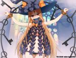  1girl abigail_williams_(fate/grand_order) bangs bdsm black_headwear blonde_hair blue_eyes blush bondage bound bow fate/grand_order fate_(series) flat_chest gagged haimei1980 hat key keychain keyhole long_hair looking_at_viewer object_hug orange_bow parted_bangs pixiv_id polka_dot polka_dot_bow red_eyes restrained solo tied_up topless twitter_username underwear very_long_hair witch_hat 