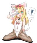  ! 1girl :d animal_ears arm_up bangs bare_shoulders black_choker black_ribbon blonde_hair blush bow brown_legwear cameltoe cat_ears cat_girl cat_tail choker covered_navel eyebrows_visible_through_hair fang flat_chest full_body gloves green_eyes hair_between_eyes hair_bow kittysuit leotard long_hair open_mouth original pantyhose paw_gloves paws red_bow ribbon ribbon_choker short_eyebrows simple_background sitting smile solo spoken_exclamation_mark strapless strapless_leotard tail tail_raised thick_eyebrows unname wariza white_background white_gloves white_leotard 