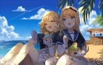  2girls artist_name beach blonde_hair blue_eyes blue_sailor_collar blue_sky cloud commentary_request dated day dress food gloves hat highres ice_cream janus_(kantai_collection) jervis_(kantai_collection) kantai_collection kumin_(6939359) long_hair multiple_girls outdoors sailor_collar sailor_dress sailor_hat shade short_hair short_sleeves sitting sky smile upper_body white_dress white_gloves white_headwear 