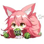  1girl animal_ear_fluff animal_ears bangs barefoot chibi covered_mouth dress eyebrows_visible_through_hair flying_sweatdrops food fox_ears fox_girl fox_tail fruit green_eyes hair_between_eyes holding holding_food long_hair long_sleeves original pink_hair sidelocks simple_background sitting solo tail tail_raised very_long_hair watermelon white_background white_dress wide_sleeves yuuji_(yukimimi) 