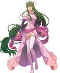  1girl boots breasts dress fire_emblem fire_emblem:_mystery_of_the_emblem fire_emblem_heroes full_body green_hair hair_ornament highres jewelry long_hair low_twintails medium_breasts nagi_(fire_emblem) non-web_source official_art okaya_mrh pink_dress pointy_ears shiny shiny_hair solo thigh_boots thighhighs tiara transparent_background twintails very_long_hair 