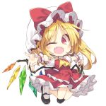  1girl ascot bat_wings blonde_hair blush bow chibi crossed_legs eyebrows_visible_through_hair fangs flandre_scarlet frills full_body hat hat_bow kneeling looking_at_viewer low_wings mob_cap outstretched_arms pointy_ears puffy_short_sleeves puffy_sleeves red_eyes satou_kibi shoes short_hair short_sleeves side_ponytail simple_background skirt skirt_set slit_pupils socks solo spread_arms touhou white_background wings wrist_cuffs yellow_neckwear 