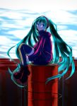  1girl ankle_boots aqua_eyes aqua_hair backlighting blue_sky boots closed_mouth cloud cloudy_sky commentary_request day expressionless from_side full_body hatsune_miku hood hood_down itanoma leg_hug long_hair long_sleeves looking_at_viewer looking_to_the_side platform_boots sitting sky solo thighhighs thighhighs_under_boots twintails very_long_hair vocaloid 