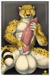  2019 5_fingers animal_genitalia animal_penis anthro balls barbed_penis big_balls black_nose cheetah felid feline feline_penis fingers fur hand_on_penis hi_res huge_balls hyper hyper_balls hyper_penis jasiri looking_at_viewer male mammal multicolored_fur muscular muscular_thighs nude pecs penis pink_penis simple_background sitting smile solo spots teeth truegrave9 two_tone_fur whiskers white_fur yellow_eyes yellow_fur 