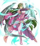 1girl boots breasts dragon_tail dragon_wings dress fire_emblem fire_emblem:_mystery_of_the_emblem fire_emblem_heroes floating floating_object full_body green_eyes green_hair hair_ornament highres jewelry long_hair looking_away low_twintails medium_breasts nagi_(fire_emblem) non-web_source official_art okaya_mrh open_mouth pink_dress pointy_ears shiny shiny_hair smile solo stone tail thigh_boots thighhighs tiara transparent_background twintails very_long_hair wings 