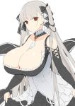  absurdres azur_lane black_dress breasts chixiao cleavage commentary commentary_request dress formidable_(azur_lane) frilled_dress frills grey_hair highres holding_dress huge_breasts platinum_blonde_hair red_eyes sketch two-tone_dress two-tone_ribbon 