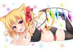  1girl :d absurdres animal_ear_fluff animal_ears ass bandeau bangs bare_arms bare_shoulders black_legwear black_panties blonde_hair blush bow bra cat_ears cat_tail commentary_request crystal eyebrows_visible_through_hair fang flandre_scarlet frilled_bra frills hair_between_eyes hair_bow hand_up highres kemonomimi_mode looking_at_viewer lying miy@ no_hat no_headwear no_shoes on_stomach one_side_up open_mouth panties paw_pose paw_print red_bow red_eyes short_hair simple_background skindentation smile solo strapless strapless_bra tail thighhighs thighs touhou tubetop underwear white_background wings 