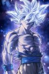  1boy abs arms_at_sides aura black_background blurry bokeh bruise chest dark_background depth_of_field dougi dragon_ball dragon_ball_super expressionless floating_hair frown gradient gradient_background grey_eyes highres injury light_particles looking_away male_focus mattari_illust muscle nipples pectorals purple_background serious shaded_face shirt shirtless simple_background son_gokuu spiked_hair torn_clothes torn_shirt twitter_username ultra_instinct upper_body white_background white_hair 