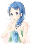  1girl artist_name bangs bare_arms bare_shoulders blue_eyes blue_hair camisole collarbone commentary_request green_camisole hair_over_shoulder hair_tie hair_tie_in_mouth holding holding_hair kantai_collection long_hair looking_at_viewer mae_(maesanpicture) mouth_hold samidare_(kantai_collection) simple_background solo steam strap_slip sweat swept_bangs upper_body very_long_hair white_background 