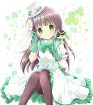  1girl bangs black_headwear blunt_bangs blush bow breasts brown_hair brown_legwear closed_mouth commentary_request dress eyebrows_visible_through_hair eyepatch feet_out_of_frame flower frilled_dress frills gloves gochuumon_wa_usagi_desu_ka? green_bow green_eyes green_gloves grey_headwear hair_flower hair_ornament hands_up hat hat_flower head_tilt highres knees_up long_hair medium_breasts nanase_miori pantyhose puffy_short_sleeves puffy_sleeves short_sleeves sitting smile solo stuffed_animal stuffed_bunny stuffed_toy tilted_headwear ujimatsu_chiya very_long_hair white_bow white_dress white_flower 