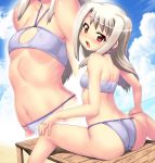  1girl ass bikini blue_sky blush breasts cleavage covered_nipples day fang fate/stay_night fate_(series) from_behind hase_yu illyasviel_von_einzbern long_hair looking_at_viewer looking_back multiple_views navel open_mouth purple_bikini red_eyes shiny shiny_hair shiny_skin silver_hair siting sitting sky small_breasts spread_legs swimsuit underboob 