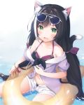  1girl animal_ear_fluff animal_ears bangs bikini bikini_under_clothes black_bikini black_hair blurry blurry_background blush bow breasts brown_bow cat_ears cat_girl cat_tail cleavage collarbone commentary_request depth_of_field eyebrows_visible_through_hair eyewear_on_head green_eyes hair_between_eyes hair_bow innertube jacket kanora kyaru_(princess_connect) long_hair multicolored_hair navel off_shoulder open_clothes open_fly open_mouth open_shorts princess_connect! princess_connect!_re:dive puffy_short_sleeves puffy_sleeves purple_jacket shallow_water short_sleeves shorts sitting small_breasts solo streaked_hair sunglasses swimsuit tail transparent very_long_hair water white-framed_eyewear white_hair white_shorts 