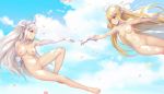  2girls absurdres ahoge armpits bare_shoulders blonde_hair blue_sky breasts chinese_commentary cleavage cloud commentary_request elbow_gloves feet fine_art_parody gloves heart_ahoge highres legs long_hair midair multiple_girls niliu_chahui nipples nude original outstretched_arms parody petals pussy red_eyes silver_hair sky smile the_creation_of_adam tokisaki_asaba tokisaki_mio uncensored underwear veil very_long_hair white_gloves 