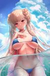  1girl ass_visible_through_thighs azur_lane bangs bare_arms bare_shoulders bikini blue_bikini blue_sky blush braid breasts breasts_apart choker cleavage closed_mouth cloud cloudy_sky collarbone covered_nipples criss-cross_halter day double_bun english_commentary eyebrows_visible_through_hair formidable_(azur_lane) formidable_(the_lady_of_the_beach)_(azur_lane) halterneck hand_on_own_chest highres large_breasts long_hair looking_at_viewer lowleg lowleg_bikini navel ocean outdoors pairleaf partially_submerged red_eyes side-tie_bikini sidelocks signature single_braid sky solo stomach string_bikini sunlight swimsuit thigh_gap very_long_hair 