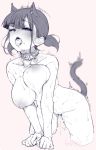  1girl animal_ears bangs blush breasts collar collarbone eyebrows_visible_through_hair heart highres monochrome navel original pussy pussy_juice red_disappointment saliva saliva_trail simple_background solo sweat tail tongue tongue_out trembling twintails white_background 