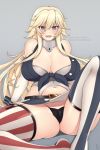  1girl alina_pegova american_flag american_flag_legwear arm_support blonde_hair blue_eyes breasts cleavage collar commentary_request curvy elbow_gloves eyebrows_visible_through_hair flag_print front-tie_top garter_straps gloves grey_background iowa_(kantai_collection) kantai_collection large_breasts miniskirt mismatched_legwear reclining skirt solo star star-shaped_pupils striped striped_legwear symbol-shaped_pupils thighhighs thighs vertical-striped_legwear vertical-striped_skirt vertical_stripes wrist_cuffs 
