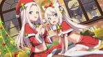  animal_ears anthropomorphism azur_lane blue_eyes breasts christmas cleavage food gochou_(atemonai_heya) green_eyes hammann_(azur_lane) hat long_hair tail thighhighs twintails waifu2x white_hair yorktown_(azur_lane) 