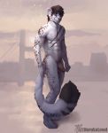  2019 abs anthro athletic balls big_tail black_fur black_hair blue_eyes blush city claws dark_hair felid feline fur hair hi_res humanoid_penis invalid_tag long_tail looking_at_viewer male mammal markings muscular naruka necire_(character) painting pantherine pecs penis pink_eyes scar simple_background snow_leopard white_fur 