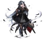 1girl :d :o alternate_costume anchor_symbol azur_lane bangs black_dress black_feathers black_footwear black_hair black_legwear blue_eyes blush boots breasts commentary_request cross cross-laced_footwear cross_earrings deutschland_(azur_lane) deutschland_(demon_princess&#039;_dark_hour_banquet)_(azur_lane) dress earrings english_text feathers frilled_dress frills hand_on_hip hand_up jewelry lace-up_boots long_hair long_sleeves looking_at_viewer machinery multicolored_hair official_art open_mouth pantyhose parted_lips puffy_long_sleeves puffy_sleeves ran_(pixiv2957827) red_hair see-through small_breasts smile solo standing streaked_hair tachi-e transparent_background very_long_hair white_hair 