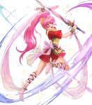  1girl arm_up bangs barefoot bow dress fire_emblem fire_emblem:_mystery_of_the_emblem fire_emblem_heroes full_body hair_bow highres holding holding_sword holding_weapon jewelry leg_up long_hair looking_at_viewer mayo_(becky2006) non-web_source official_art open_mouth phina_(fire_emblem) pink_eyes pink_hair shiny shiny_hair short_dress short_sleeves sidelocks smile solo sparkle sword tied_hair toes transparent_background weapon 