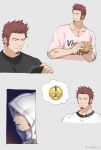 1boy 47_(479992103) beard black_shirt blue_eyes brown_hair casual collage eating facial_hair fate/grand_order fate_(series) food hamburger hood hood_up hoodie long_sleeves looking_to_the_side male_focus muscle napoleon_bonaparte_(fate/grand_order) phone pink_shirt shirt solo thinking upper_body 