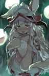  1other ambiguous_gender animal_ears blush ears_through_headwear eyebrows_visible_through_hair fang fur furry greatmosu green_eyes helmet highres horned_helmet horns made_in_abyss nanachi_(made_in_abyss) open_mouth paws solo tail whiskers white_hair 