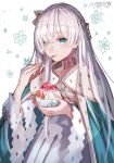  1girl anastasia_(fate/grand_order) blue_eyes cape dress eating fate/grand_order fate_(series) food fruit hairband highres ice_cream long_hair silver_hair snowflakes spoon spoon_in_mouth strawberry 