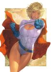  1girl bangs belt blue_eyes blue_gloves breasts cape cleavage cleavage_cutout clenched_hands commentary_request dc_comics gloves hands_up highleg highleg_leotard homare_(fool&#039;s_art) large_breasts leotard lips lipstick long_sleeves makeup open_mouth power_girl red_cape shiny shiny_hair shiny_skin short_hair signature simple_background smile solo thighs turtleneck white_leotard 