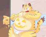  2012 4_fingers anthro belly blush clothing duo felid fingers fur halloween holidays humanoid_hands male mammal moobs nipples obese one_eye_closed overweight overweight_male pantherine tiger underwear wink xecond yellow_fur 