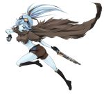  1girl bad_anatomy black_footwear black_gloves blue_eyes blue_hair blue_skin boots breasts brown_cape brown_hair brown_shorts cape crusaders_quest fingerless_gloves full_body gloves goggles gun highres holding holding_gun holding_weapon knee_boots long_hair looking_at_viewer medium_breasts multicolored_hair ponytail running shorts sidelocks solo streaked_hair two-tone_hair underboob unli weapon 
