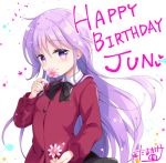  1boy arm_up black_skirt commentary_request flower hand_to_own_mouth happiness! happy_birthday long_hair otoko_no_ko purple_eyes purple_hair red_shirt school_uniform shirt signature skirt smile solo tamakake upper_body watarase_jun 