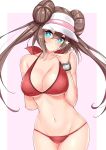  1girl bangs bare_shoulders bikini blue_eyes blush border breasts brown_hair cleavage double_bun hair_between_eyes highres large_breasts long_hair looking_at_viewer mei_(pokemon) navel pink_background pokemon pokemon_(game) pokemon_bw2 red_bikini sankakusui simple_background smile solo sparkle swimsuit thighs twintails visor_cap white_border wristband 