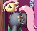  2019 absurd_res anus butt clothing digital_media_(artwork) dock ear_piercing equid equine eyeshadow female feral fluttershy_(mlp) friendship_is_magic galacticham hi_res looking_at_viewer looking_back makeup mammal my_little_pony piercing pussy rear_view smile solo torn_clothing 